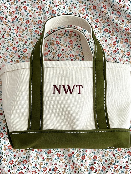 L.L. Bean Handbags - NEW Small LL Bean Boat and Tote Bag in Antique Olive - Burgundy NWT Embroidery